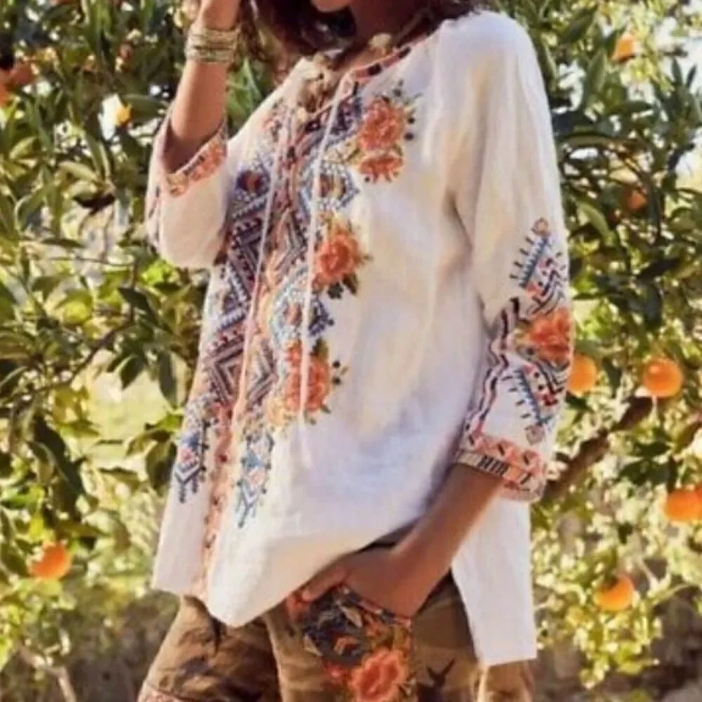 Johnny Was Linen Sentrie Peasant Blouse XS